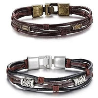 Gemini Twin Bracelets in Genuine Leather and Antique Metal Finish, Gold Tone