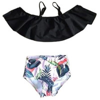 AnnLoren AL Limited Girls 2 Piece Black Ruffle Pink Tropical Bikini Bathing Suit 4T