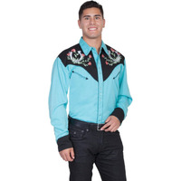 Scully Men's Rose and Horseshoe Embroidered Retro Long Sleeve Western Shirt Big Turquoise 4X