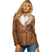 Scully Faux Fur and Leather Belted Jacket Brown Large