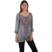 Scully Aya Pullover Scoop Neck Embroidered Top Grey MD