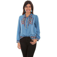 Scully Honey Creek Embroidered Snap Front Womens Top Avalanche Blue (Medium)