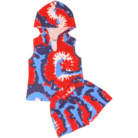 AnnLoren Girls Red White & Blue Tie Dye Hoodie Tank and Shorts Set 4th of July Patriotic summer outfit 7-8