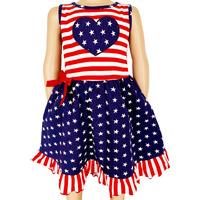 AnnLoren Girls' 4th of July Stars & Striped Heart Dress Red White & Blue 2-3T