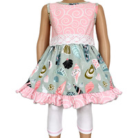 AnnLoren Girls Seashells & Swirls Dress & White Capri Leggings Boutique Set 2-3T