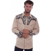 Scully Tan Men's Long Sleeve Snap Front Tooled Embroidered Shirt P-634, Tan, Large