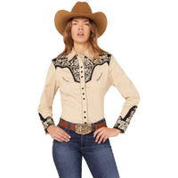 Scully Women's Floral Tooled Embroidered Long Sleeve Western Shirt - PL-654-TAN Medium US