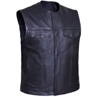 Men's Premium SOA Style Collarless Motorcycle Club Vest,Black,Size - 4XL