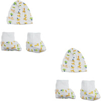 Bambini Caps, Booties 4 Pc Set Newborn, White/Yellow