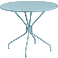 Flash Furniture Oia Commercial Grade 35.25  Round Sky Blue Indoor-Outdoor Steel Patio Table ith Umbrella Hole