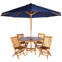 All Things Cedar TT6P-R-B 6-Piece Teak Round Patio Dining Set - Table and 4 Chairs for Outdoor Events | Backyard Furniture with Umbrella Hole | Brass Grommet & Cap | Blue Umbrella