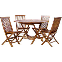 All Things Cedar TT5P-O 5-Piece Teak Octagon Patio - Table and 4 Folding Chairs Dining Set for Outdoor & Indoor Events | Deck Wooden Backyard Furniture with Umbrella Hole | No Cushions