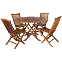 All Things Cedar TT5P-R-G Teak Round Table & Folding Chair Set with Cushions, Green