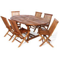 All Things Cedar TE70-22-B 7-Piece Teak Oval Extension Patio - Table & 6 Folding Chairs Dining Set for Outdoor & Indoor Events | Built in Hide-Away Butterfly Extension Leaf |Blue Cushions