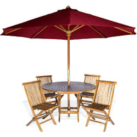 All Things Cedar TT6P-R-R 6-Piece Teak Round Patio Dining Set - Table and 4 Chairs for Outdoor Events | Backyard Furniture with Umbrella Hole | Brass Grommet & Cap | Red Umbrella