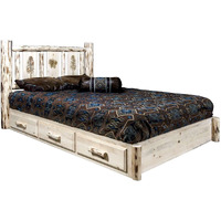 Montana Collection Platform Bed w/Storage, Twin w/Laser Engraved Pine Design, Clear Lacquer Finish