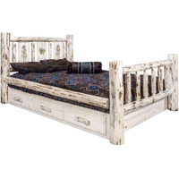 Montana Woodworks Pine Design Storage Engraved Bed in Clear Lacquer Finish (Full: 87 in. L x 60 in. W x 47 in. H (336 lbs.))