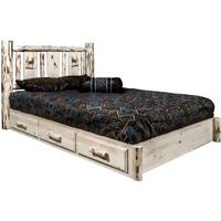 Montana Collection Platform Bed w/Storage, Twin w/Laser Engraved Elk Design, Clear Lacquer Finish