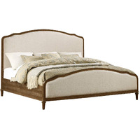 Madrona Burke Queen Eleanor Sandstone Buff and Cream Bed with Weathered Wood Framing and Curved, Upholstered Headboard and Footboard Panels