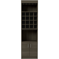 Soria Bar Cabinet with 16 Wine Cubbies, Open Shelf, Concealable Serving Tray, Glass Rack, and Double Door, Smokey Oak