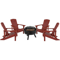 Flash Furniture 5 Piece Commercial Charlestown Adirondack Chair Set with Fire Pit - 4 Red Poly Resin Wood Chairs - Star and Moon Fire Pit with Mesh Cover