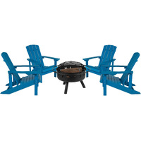 Flash Furniture 5 Piece Commercial Charlestown Adirondack Chair Set with Fire Pit - 4 Blue Poly Resin Wood Chairs - Star and Moon Fire Pit with Mesh Cover