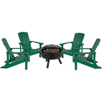 Flash Furniture 5 Piece Commercial Charlestown Adirondack Chair Set with Fire Pit - 4 Green Poly Resin Wood Chairs - Star and Moon Fire Pit with Mesh Cover