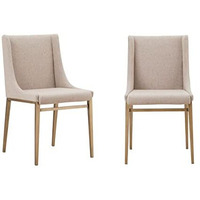 HomeRoots Fabric, Metal Set of Two Beige Brass Contemporary Dining Chairs