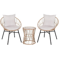 Flash Furniture Devon Indoor/Outdoor Bistro Set - Tan Finish Rattan Rope Papasan Style Chairs and Glass Top Side Table - Light Gray Back and Seat Cushions, 15.75x15.75x25, 3-Piece