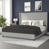 Flash Furniture Quinn Upholstered Platform Bed - Gray Channel Stitched Wingback Headboard - King - Mattress Foundation with Slatted Supports - No Box Spring Needed