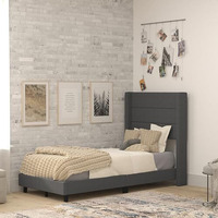 Flash Furniture Hollis Upholstered Platform Bed - Charcoal Faux Linen Wingback Headboard - Twin - Mattress Foundation with Slatted Supports - No Box Spring Needed