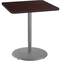 National Public Seating NPS 36  Square Cafe Table with Round Base, 42  Height, Particleboard Core/T-Mold, Mahogany Top, Grey Frame