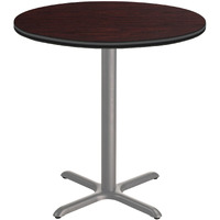 National Public Seating NPS 36  Round Cafe Table with X Base, 36  Height, Particleboard Core/T-Mold, Mahogany Top, Grey Frame