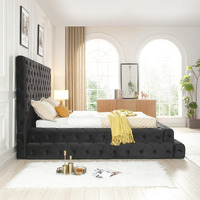 Better Home Products Eleonora Velvet Queen Bed - Luxurious Upholstered Design ith Deep Button Tufting in Black (Balck, Queen)