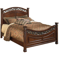 Benjara Aza Traditional Wood California King Bed, Leaf Carvings, Rich Cherry Brown