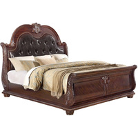 Benjara Mano Queen Bed, Faux Leather Upholstery, Classic Floral Carved, Wood, Brown, Gray