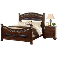 Benjara BM300178 Carved Details Faux Leather Upholstery & Cherry Miri Bed Brown - California King Size