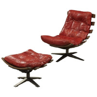 HomeRoots 486561 27 in. Red & Brown Top Grain Leather Tufted Swivel Lounge Chair with Ottoman