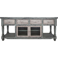 HomeRoots 528736 70 in. Solid Wood Open Shelving Distressed TV Stand Blue & White