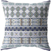 Amrita Sen Flower Strips Broadcloth Indoor Outdoor Blown and Closed Pillow Navy and Teal on White