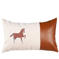 Bed Bath & Beyond 20  X 12  Beige Horse Animal Print Zippered Handmade Faux Leather Lumbar Pillow with Embroidery