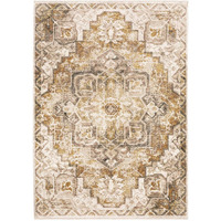 HomeRoots 509376 5 x 8 ft. Gold & Ivory Oriental Power Loom Stain Resistant Rectangle Area Rug with Fringe