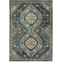 HomeRoots 508092 8 x 11 ft. Blue Gold Ivory & Navy Oriental Power Loom Stain Resistant Rectangle Area Rug with Fringe