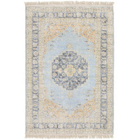 HomeRoots 509475 5 x 8 ft. Blue & Beige Oriental Hand Loomed Stain Resistant Rectangle Area Rug with Fringe