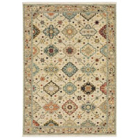 HomeRoots 509193 2 x 3 ft. Beige Pale Blue Rust Gold Tan Brown & Orange Oriental Power Loom Stain Resistant Rectangle Area Rug with Fringe