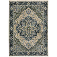 HomeRoots 508047 3 x 5 ft. Blue Gray Beige Tan Green & Gold Oriental Power Loom Stain Resistant Rectangle Area Rug with Fringe