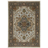 HomeRoots 508076 5 x 8 ft. Ivory Beige Blue Orange Gold Green Gray & Rust Oriental Power Loom Stain Resistant Rectangle Area Rug with Fringe