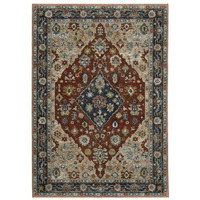 HomeRoots 508055 5 x 8 ft. Blue Beige Tan Brown Gold & Rust Red Oriental Power Loom Stain Resistant Rectangle Area Rug with Fringe