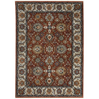 HomeRoots 508020 5 x 8 ft. Red Blue Ivory Gold & Navy Oriental Power Loom Stain Resistant Rectangle Area Rug with Fringe