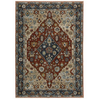 HomeRoots 508054 3 x 5 ft. Blue Beige Tan Brown Gold & Rust Red Oriental Power Loom Stain Resistant Rectangle Area Rug with Fringe